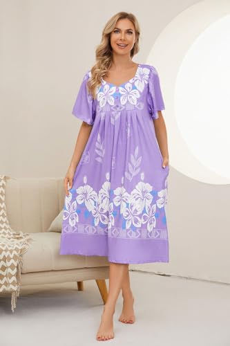 Image of House Dresses for Women with Pockets Mumu Dresses Short Sleeve Moo Moos for Women Nightgown Duster Lounge Dress S-3XL