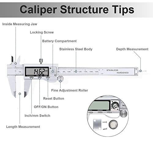 Digital Caliper Measuring Tool, Digital Micrometer, Stainless Steel Vernier Caliper, Inch/Mm Conversion And Large Lcd Screen, Auto-Off Feature, Digital Vernier Caliper (6 Inch/150 Mm) #TOP6