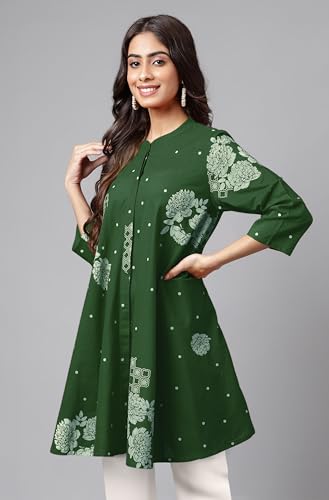 Image of Janasya Women's Pure Cotton Floral Printed Flared Tunic