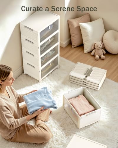 COLLEFUN 23QT Stackable Storage Bins with Lids and Wheels, 4 Tier 92QT Foldable Plastic Storage Drawers with Magnetic Doors, 4 Pack Collapsible Closet Organizer for Bedroom Office, White - Image 3