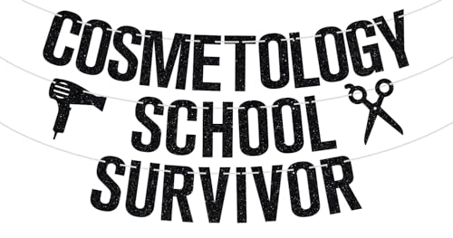 Cosmetology School Survivor Banner, Congrats Cosmetologist, In My Cosmetologist Era, Future Barber/Hairdresser Graduation Party Decorations Supplies, Black Glitter