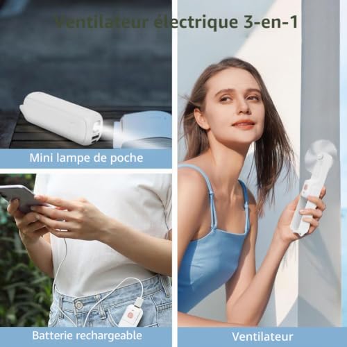AUAUY Mini Ventilateur Portatif 3 en 1 à Main, Rechargeable USB, 3 Vitesses – vue 3