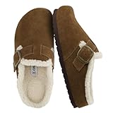 CUSHIONAIRE Haven Genuine Leather Clogs for Women – Faux Fur Lined Slip-On Womens Shoes with Cork Footbed and Adjustable Buckle, MID BROWN 6