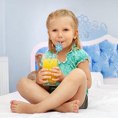 Winrayk Frozen Party Favors for Kids, 24Pcs Snowflake Straws Drinking Plastic Reusable Straws Bulk & Detachable Topper, Summer Pool Beach Winter Christmas Pinata Filler Frozen Birthday Party Supplies