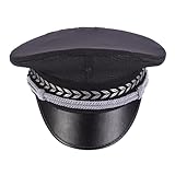 Sosoport Breathable Officer Hat, Black Yacht Sailor Cap with Silver Rope & Wide Brim Security & Police Officer Hat for Cosplay Halloween Costume - Unisex Adult