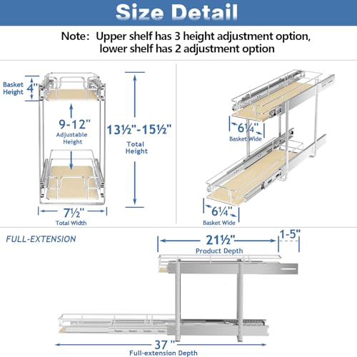 ROOMTEC 2 Tier Individual Pull Out Cabinet Organizer 7½\"W x 21½\"D, Slide Out Wood Shelves Organizers, Pull Out Drawers Organization and Storage for Kitchen Cabinet - Thumbnail 3