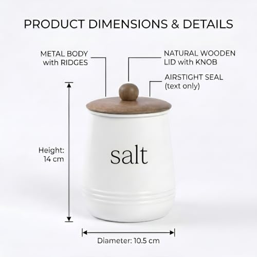 Image of Stylish Airtight Container for Kitchen, Sugar & Salt Storage,White, Metal with Wooden Lid & Spoon, 1000ml, Canister for Kitchen Counter top | Food-Safe Jar Set of 2 (Sugar & Salt)