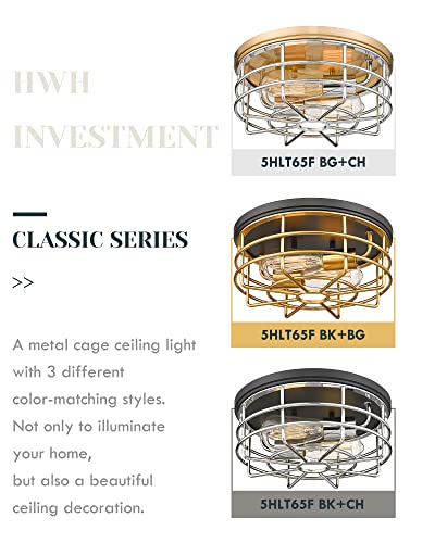 Ceiling Light Fixture Flush Mount, Hwh Industrial Close To Ceiling Light, Farmhouse Light Fixture Ceiling For Hallway, Living Room, Kitchen, Brushed Gold And Matte Black Finish, 5Hlt65F Bk+Bg #TOP5