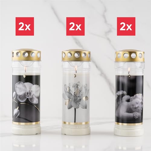 6er Set HOFER GRABKERZEN 7 Tage Brenndauer - Das Original [Gold Select] regenfest | Kerzen mit Deckel | Grablicht, Friedhofskerze mit Motiv | Kerzen für Grabdeko