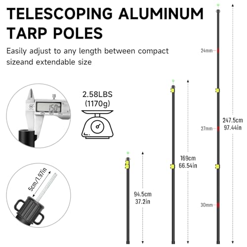 SANLIKE Tarp Poles Heavy Duty Telescoping 97\" Adjustable Aviation Aluminum Canopy Rods Lengthen Thicken with Protection Cap Portable Poles for Tent Fly Awning Camping Hiking Set of 2