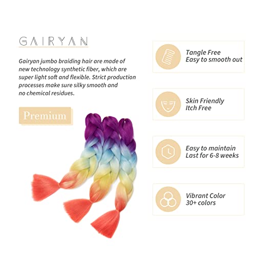 Gairyan Braiding Hair Extensions Ombre Jumbo Braids Synthetic Hair 3 Packs 24 inches 300g Coloured Hair for Braiding Extensions Box Braids Crochet Twist (Purple-Blue-Yellow-Orange) - Image 3