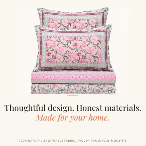 Image of Naksh Queen Size Bed Sheet Pink Floral Print 2 Pillow Covers | Pink Botanical Floral Print | Heritage Design for Queen Size Bedrooms