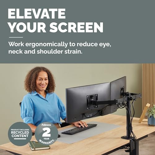 Image of Fellowes Everyday Adjustable Dual Monitor Arm - Holds Two Screens up to 32 inch (inch) Weighing 19.84 lbs Each, Tilt, Swivel, Rotate, VESA 75 /100, Clamp or Grommet Mount, Cable Management