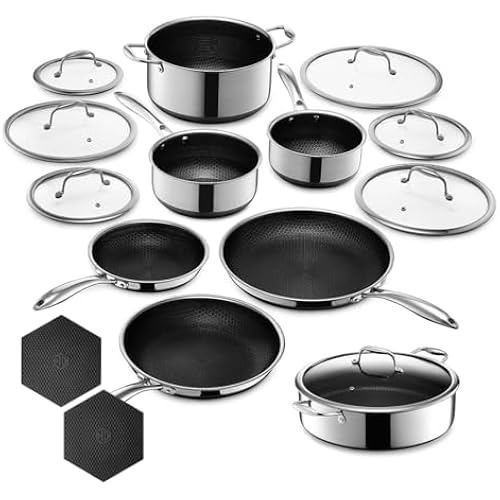 HexClad Hybrid Nonstick 16-Piece Cookware Set, 2, 3, and 8Qt Pots with Lids, 2 Silicone Trivets, 8", 10", and 12" Pans with Lids, and 7Qt Chicken Fryer with Lid, Stay-Cool Handles