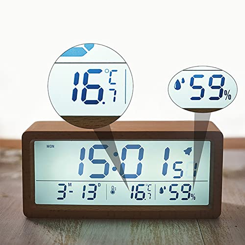 Skyxiu Battery Operated Wooden Lcd Digital Alarm Clock For Bedroom With Calendar & Temperature,Humidity,12/24 Hours,Dark Sensor,Backlight,Snooze Function,For Kids,Adults,Bedroom,Home And Office #TOP4