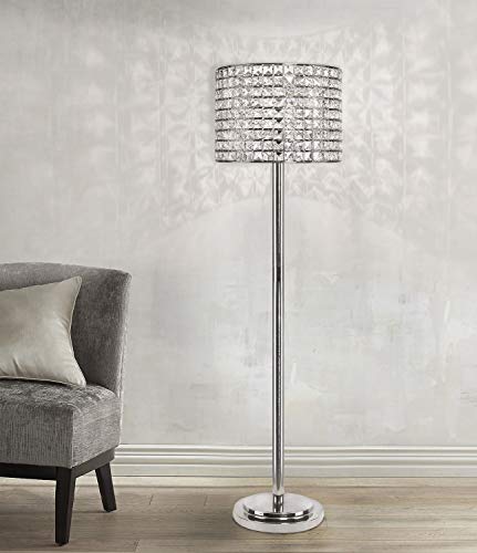 Grandview Gallery 58" Polished Nickel Modern Glam Floor Lamp With Faceted Genuine Crystal Beaded Metal Drum Shade And Tiered Round Base - Bling Lighting For The Bedroom, Living Room, And Office #TOP1