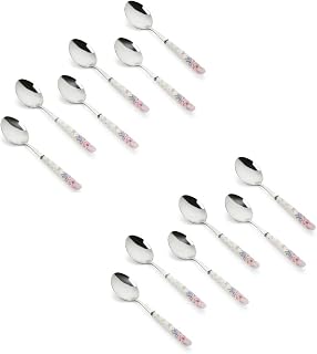 Floral Stainless Steel Spoons Set Home & Restaurant Dinner Table Spoon With Ceramic Handle (12 Big Spoon), 23 Centimeters