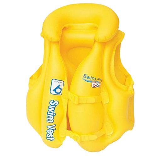 A child wearing a yellow Bestway Swim Safe Step B Swim Vest in a swimming pool with an adult.