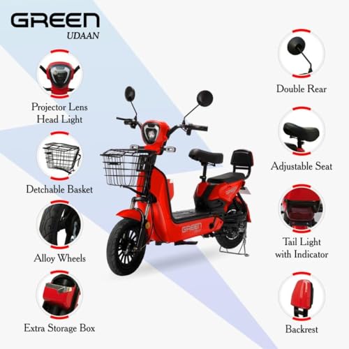Image of Green Udaan Low Speed Electric Scooter Non RTO 80KM Range Lithium Battery Red with Portable Charger