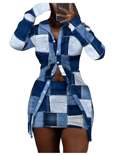 MakeMeChic Women's 2 Piece Outfit Plaid Colorblock Collared Button Down Shirt and Bodycon Skirt Set