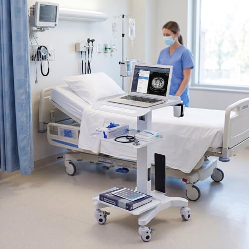 Image of DaisyInner Adjustable Mobile Medical Cart with Wheels, Laptop Rolling Cart with Storage Basket Large Tabletop Medical Trolley Workstation for Hospital, Lab Use (3 Tier)