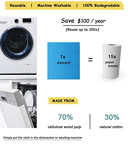 Molkene Swedish Dish Cloths - 10 Pack Reusable Kitchen Dishcloths - Ultra Absorbent Dish Towels For Washing Dishes - Cellulose Sponge Cloth Cleaning Cloths - Blue #TOP4