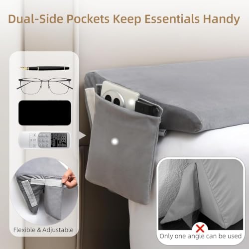 Image of Vekkia 2-in-1 Queen Bed Wedge Pillow for Headboard Gap, Fills 0-6 inch Gaps, Rotates for Two Angles & Heights, Pressure Lock Design Keeps in Place, Dual Side Pockets, Washable Cover, Gray, 60 inchx10 inchx8 inch
