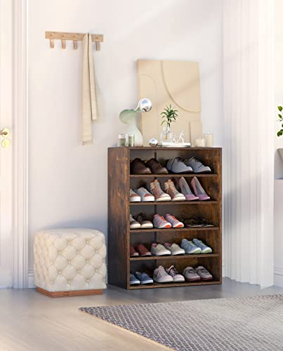 Haioou Shoe Rack, 5-Tier Stackable Wooden Shoes Rack Organizer Free Standing Shoe Storage Stand With One Movable Storage Shelf For 10-15 Pairs, Perfect For Entryway, Hallway, Closet - Rustic Brown #TOP1