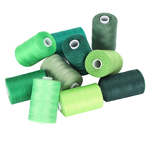 Holigie 10 rolos conjunto de linhas de costura verdes, acessórios 1000 jardas por carretel ponto cru