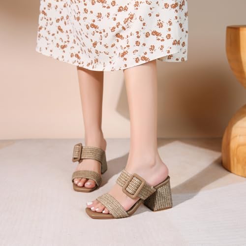 Image of Women's Raffia Slide Sandals Square Open Toe Heeled Sandals Two Strap Mules Slip On Block Chunky Heels Sandals for Women