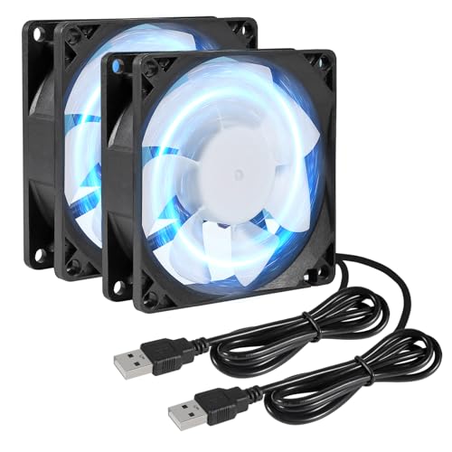 Lot de 2 ventilateurs 80 x 80 x 25 mm - 80 mm - Pour ventilateur CC - 5 V - USB 8025 - LED bleue - Sans balais - 8 cm - Pour boîtier PC, processeur