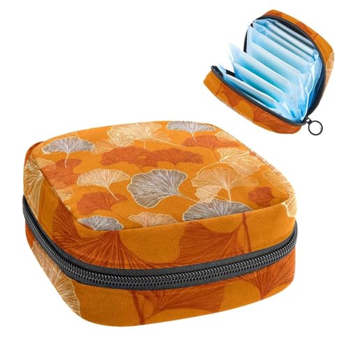 Sanitary Napkin Storage Bag, Yellow Ginkgo Leaves on Orange Background Portable Menstrual Pad Bag, Panty Liners Tampons Sanitary Pads Storage Holder for Women School Office