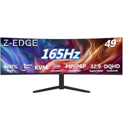 Image of 5K Monitor, Z-Edge 49 inch 1500R Curved Gaming Monitor, DQHD 5120x1440 Monitor,165Hz, 32:9 Ultrawide, 1ms MPRT, 350 cd /m, 8bit, UG49W HDMI*1, DP*1, USB-C, PIP /PBP, Adjustable Stand