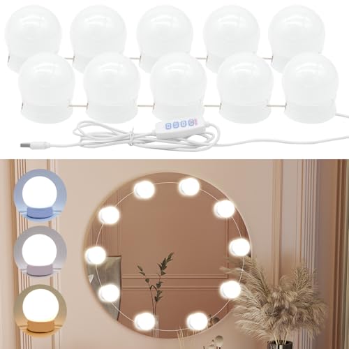 LED Vanity Lights for Mirror, Hollywood Style Vanity Stick On Lights with 10 Dimmable Bulbs, Vanity Lighting Fixtures,Adjustable 3 Colors & 10 Level Brightness, USB Cable, Makeup Lights for Bathroom