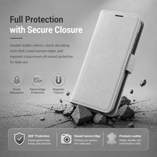 Image of FASHINA S26 Leather Flip Wallet Case with Magnetic Closure, Card Holder Slots, Shockproof Inner Cover, Premium Leather Finish for Complete 360 Protection Grey
