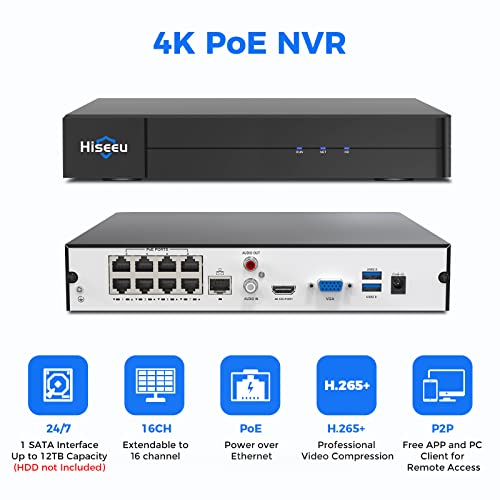 【16 Channel Extendable】Hiseeu 8 Port 4K Poe Network Video Recorder Nvr, Support 4K/2K/8Mp/5Mp/3Mp/1080P Poe Camera, Free Remote Access, Motion Alarm, 24/7 Recording, Smart Playback, No Hard Disk Drive #TOP1