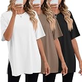 Geyoga Paquete de 3 Camisetas Deportivas extragrandes para Mujer de Manga Corta con Aberturas Laterales Cuello Redondo y Corte Holgado(Negro, Blanco, Marrón grisáceo,L)
