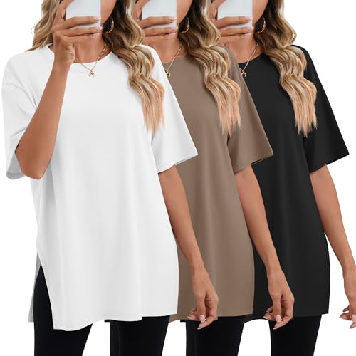 Huukeay 3 Pack Womens Oversized Workout T Shirts Short Sleeve Loose Fit Gym Tops Crewneck Casual Summer Basic Tees(L Black White Gray Brown)