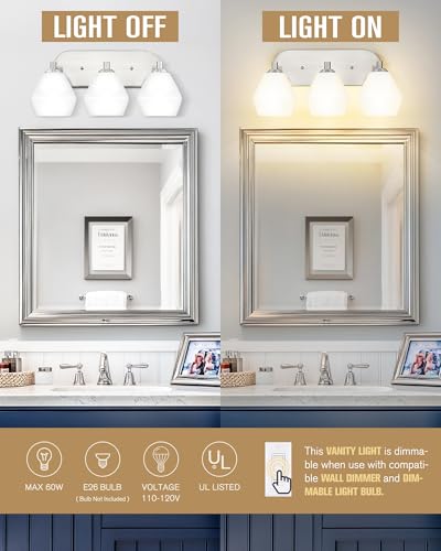 Image of Emak Brushed Nickel Bathroom Lights Over Mirror, Modern Bathroom Vanity Light with Milk Glass Shade, 3-Light Vanity Lights for Mirror, Bath, VL129-BN-ML-3