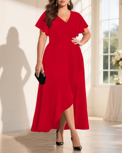 Image of Pinup Fashion Plus Size Formal Wedding Guest Cocktail High Low Long Dress | Elegant wrap v-neck, flutter sleeves, empire waist, hi-lo split ruffle hem, evening, mother of bride /groom, easter