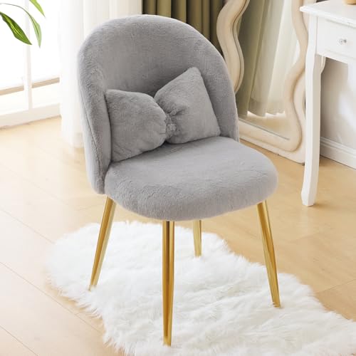 Bonnlo Silla de Maquillaje, Silla Tocador, Sillas de Comedor, Patas Doradas Ajustables y cojín con Lazo para Dormitorio, Sillón Salón para Tocador u Oficina en Casa (Tejido de Peluche, Gris)