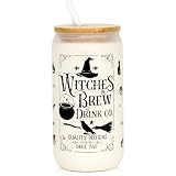 Joyseller Halloween Glass Cup, 18oz Frosted Witch Iced Coffee Can Cup Tumbler with Lid and Straw, Witch Tumbler Beer Can Glass, Halloween Gifts Decorations