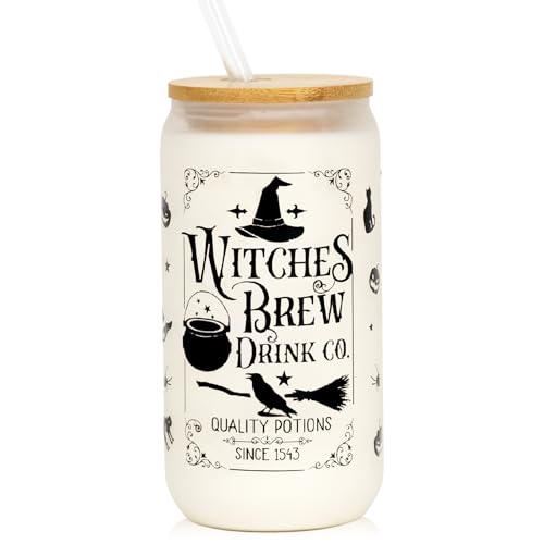 Joyseller Halloween Glass Cup, 18oz Frosted Witch Iced Coffee Can Cup Tumbler with Lid and Straw, Witch Tumbler Beer Can Glass, Halloween Gifts Decorations