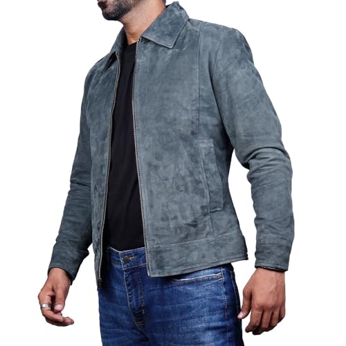 Image of Mens Polo Collar Zipper Suede Shirts Long Sleeve Shacket Suede Trucker Jacket Real Suede Leather Shirt