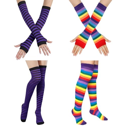 ZOCONE 4 Pairs Striped Thigh High Socks Arm Warmers Set, Over the Knee Thigh High Long Socks with Fingerless Gloves for Women Girls, Striped Knee High Socks Arm and Leg Warmers Set UK 4-6(Purple)