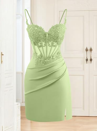 Lace Appliques Satin Homecoming Dresses Tight Beads Spaghetti Straps Bodycon Short Porm Dress2