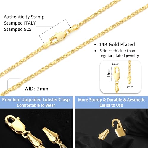 Jewlpire 14K Gold Plated Chain Necklace for Women, 2MM Rope Chains 14K Gold Plated Chain for Women Sturdy & Comfortable Womens Chains Necklace, 18 Inch