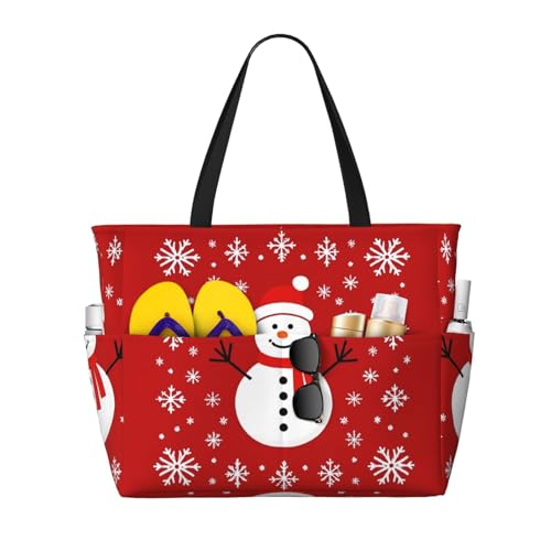 Beach Bag for Women, Waterproof Sandproof Beach Pool Travel Duffel Bags with 7 Pockets, Large Capacity Shoulder Tote Bag for Gym Travel Vacation Essential, Winter Snowman Snowflakes