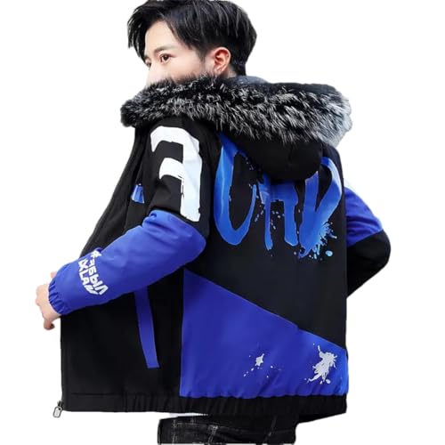 Herren-Winterjacke, großer cooler Pelzkragen, Parka, Outwear, dicker warmer Kapuzenmantel, Winterjacken und Mäntel, Blau mit Fell, M