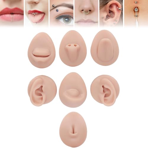 Silicone Piercing Model, 7PCS Body Part Displays Set 3D Flexible Simulation Tongue Mouth Nose Eye Navel Ear Model for Piercing Practice and Jewelry Display Teaching Tool (Medium Skin Color)
